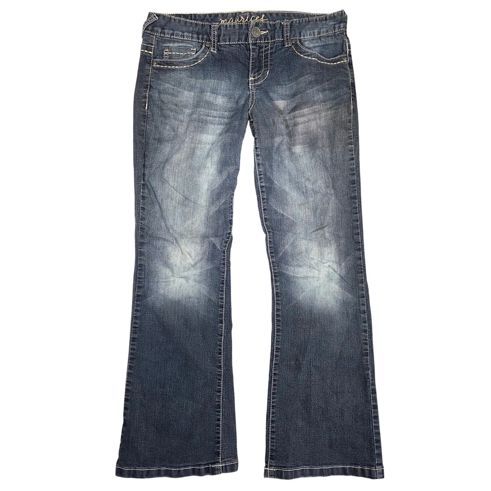 Maurices Women Dark Wash Bootcut Jean Thick Stitch Embroidered 7/8 Short Western